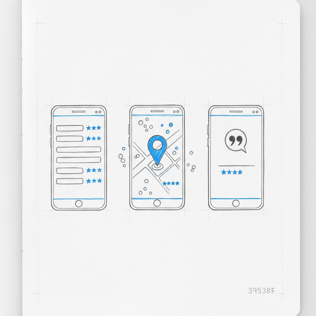 Notebook-style sketch of three mobile mockups showing Google search results with stars, a map-pin with review markers, and a testimonial card on a white paper background