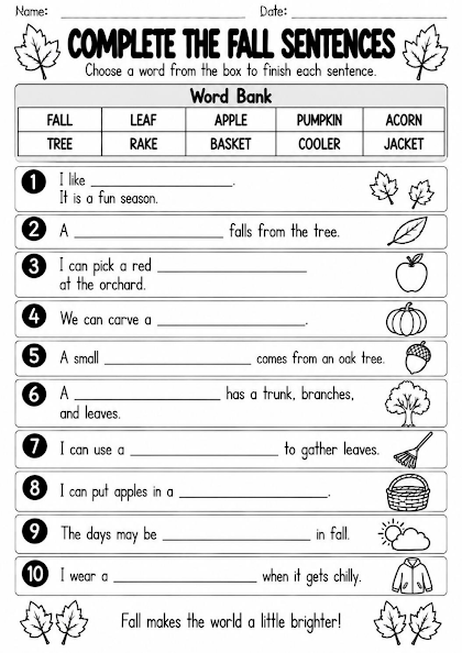 Complete the Fall Sentences Worksheet