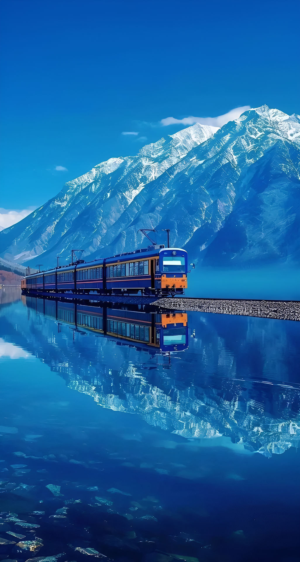 Scenic Alpine Train Journey Reflecting in Clear Mountain Lake - Free 4K mobile Wallpaper