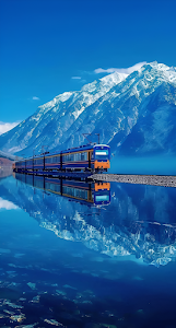 Scenic Alpine Train Journey Reflecting in Clear Mountain Lake