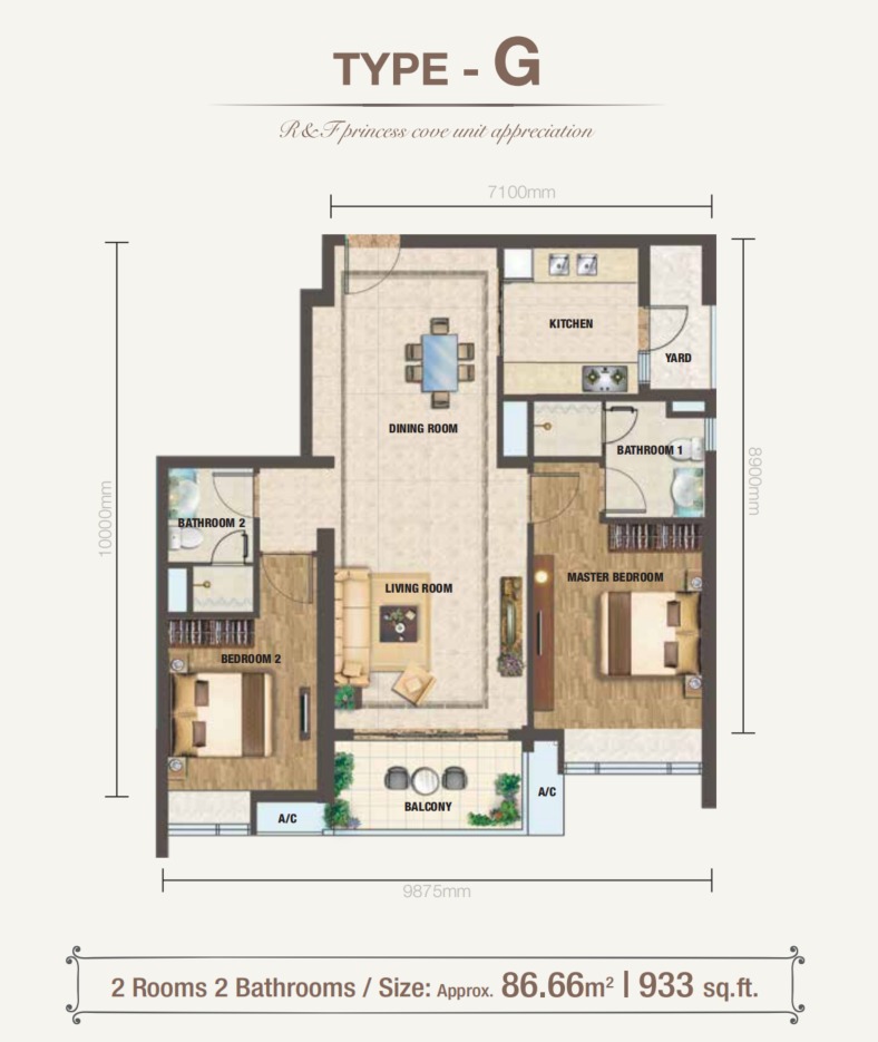 Princess Cove RNF Phase 2 Type G floor plan — 933 sq ft, 3 bedrooms