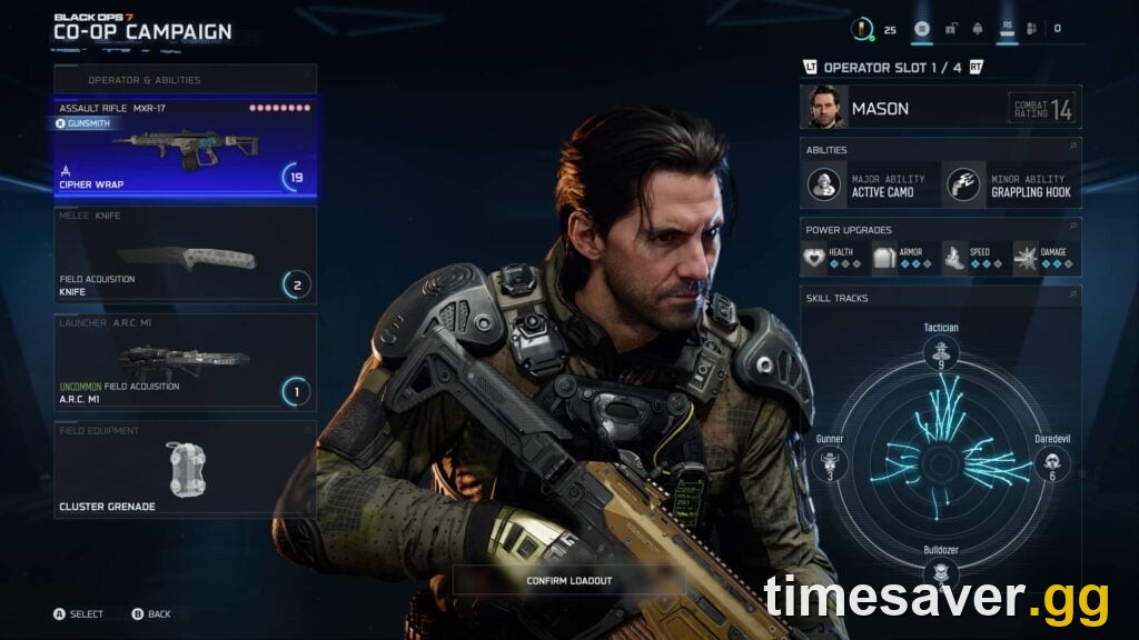 Black Ops 7 Endgame loadout screen showing the Skill Tracks wheel with Tactician, Gunner, Daredevil and Bulldozer around your Operator's Combat Rating