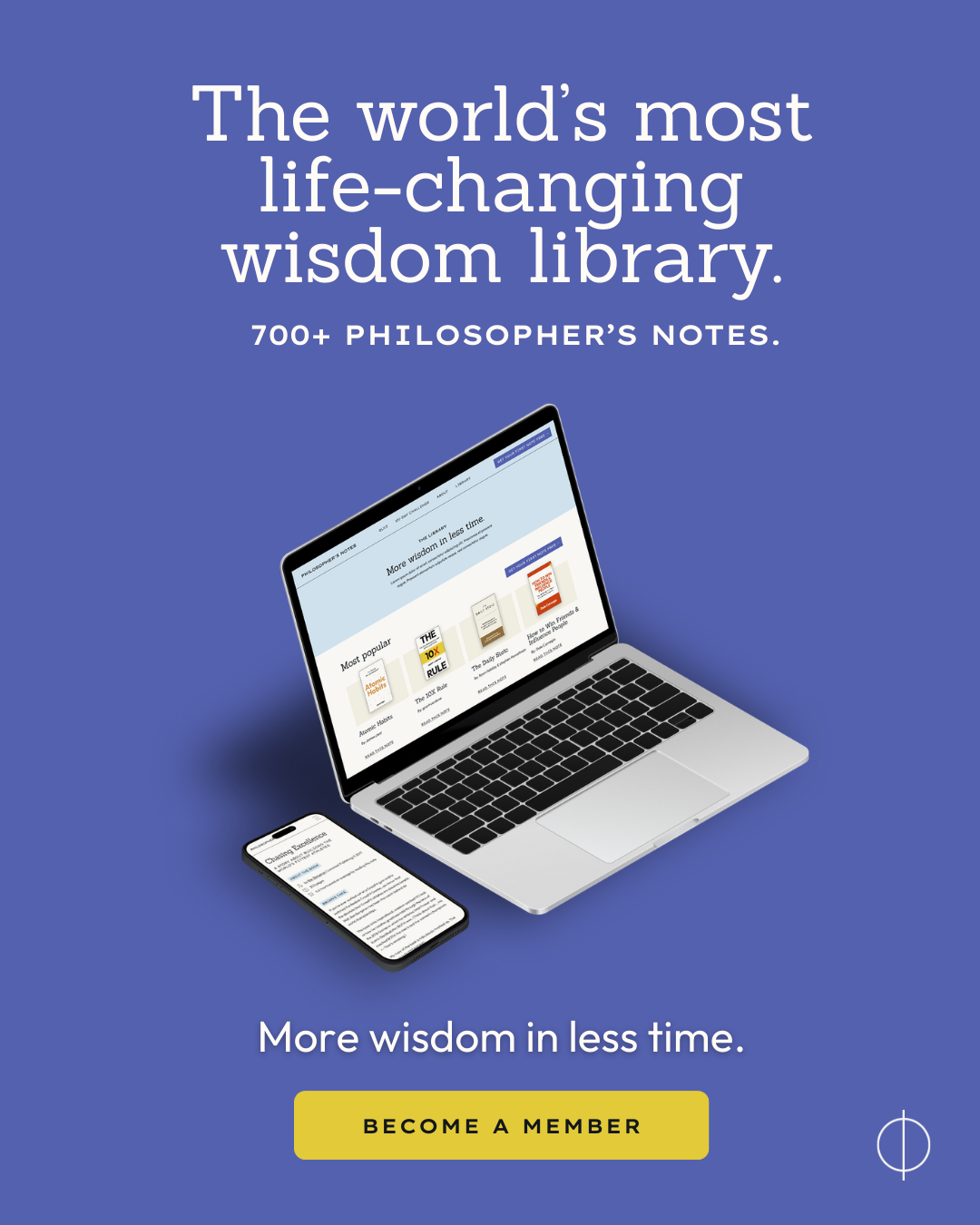 One app. One price. Forever. The ultimate wisdom library. PhilosophersNotes app showing categories like Habits, Stoicism, Leadership, Productivity.