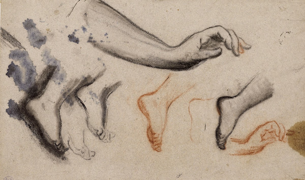 Croquis de bras gauche et diverses esquisses de pieds