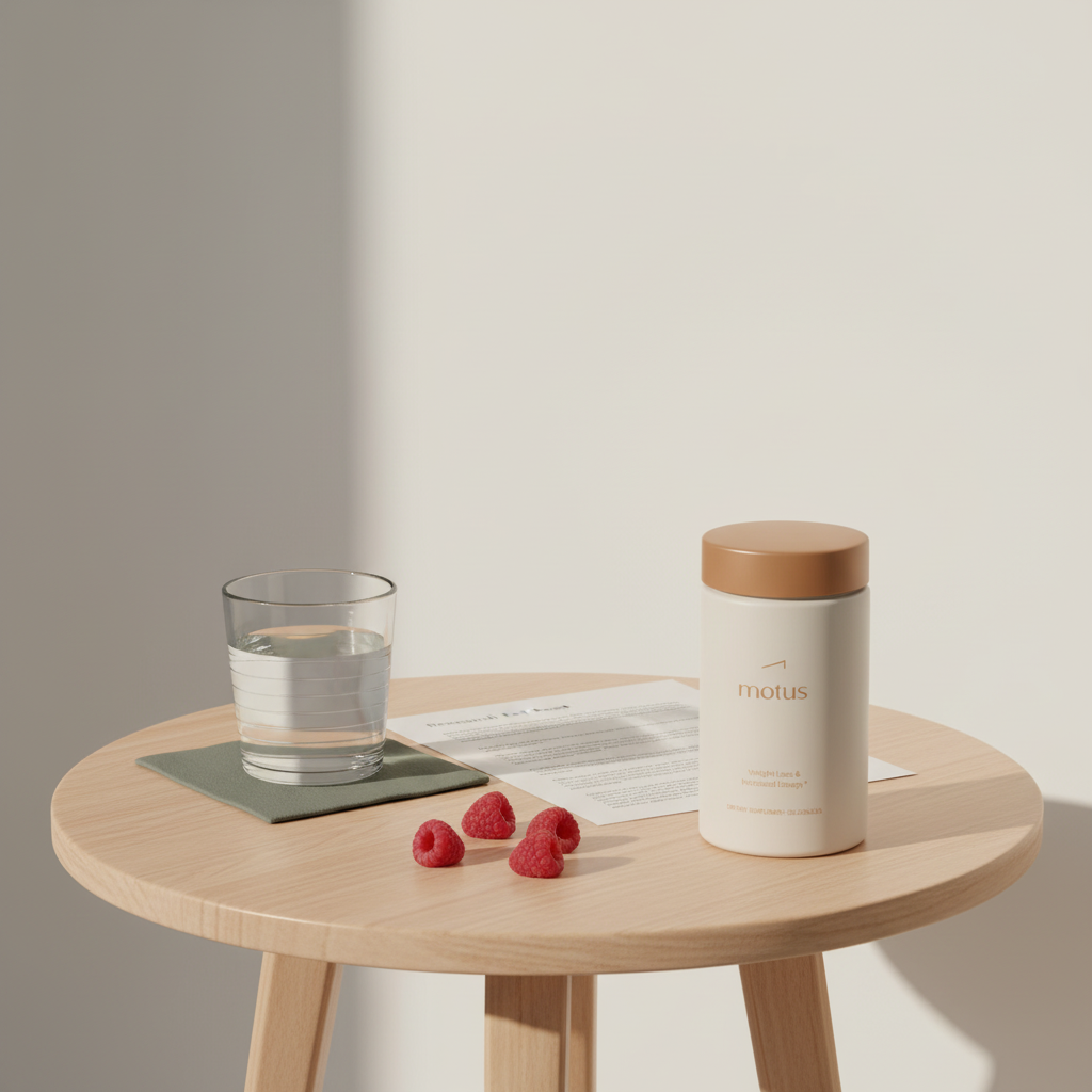 Motus supplement jar with glass of water, research fact sheet and berries on a minimalist wooden table in a calm morning scene, Culturelle Metabolism side effects
