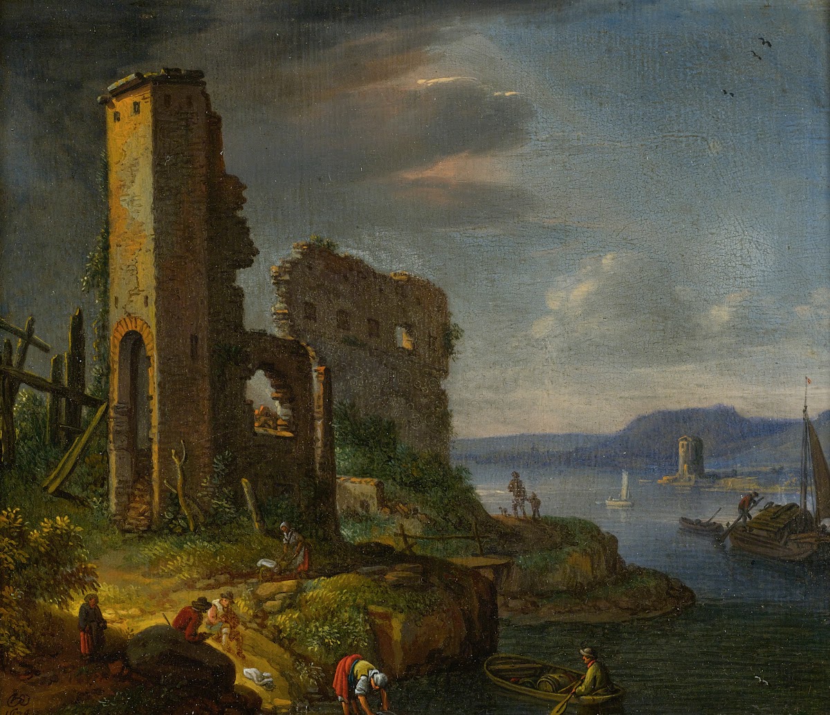 River Landscape With Ruins Boats And Figures 1674
