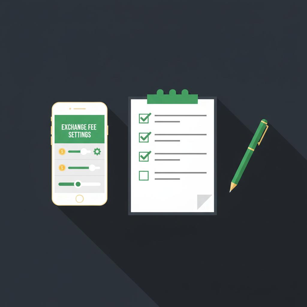 Flat lay 2D vector of a checklist notepad pen and smartphone showing exchange fee settings on deep charcoal background with Finance Police green accents crypto trading
