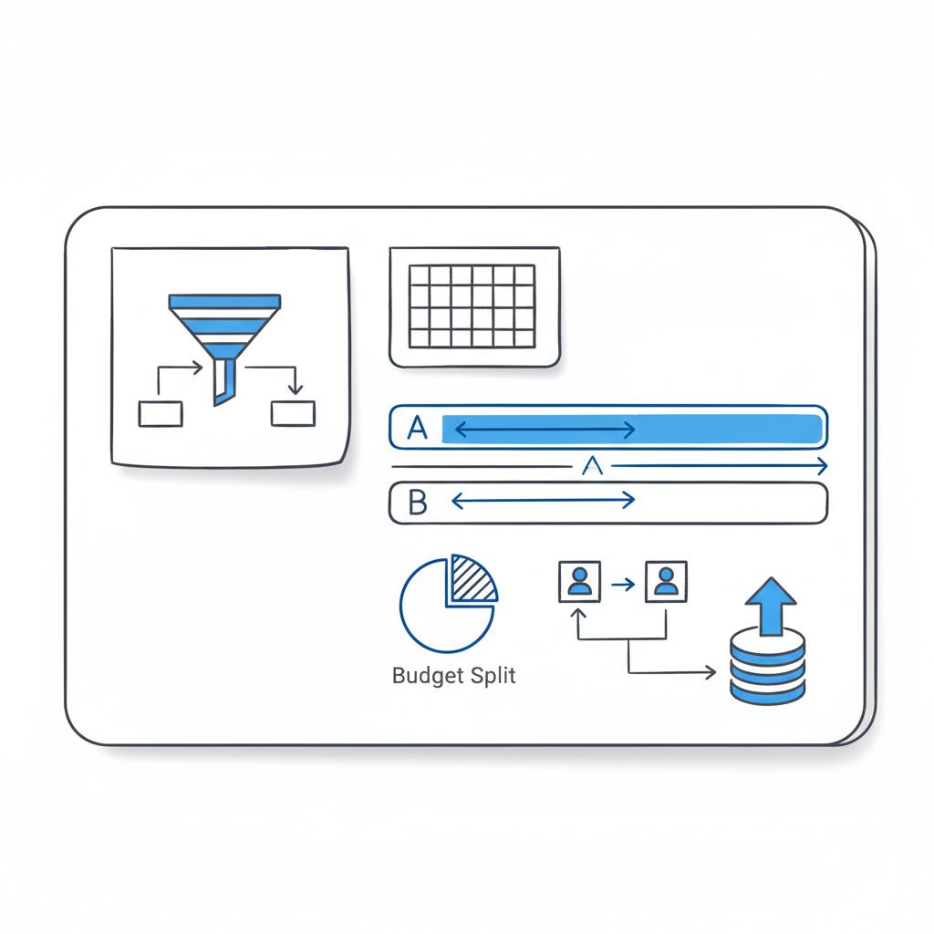 Minimalist vector notebook sketch of A/B testing lanes, flowcharts and arrows pointing to a revenue icon for the most successful digital marketing agency.