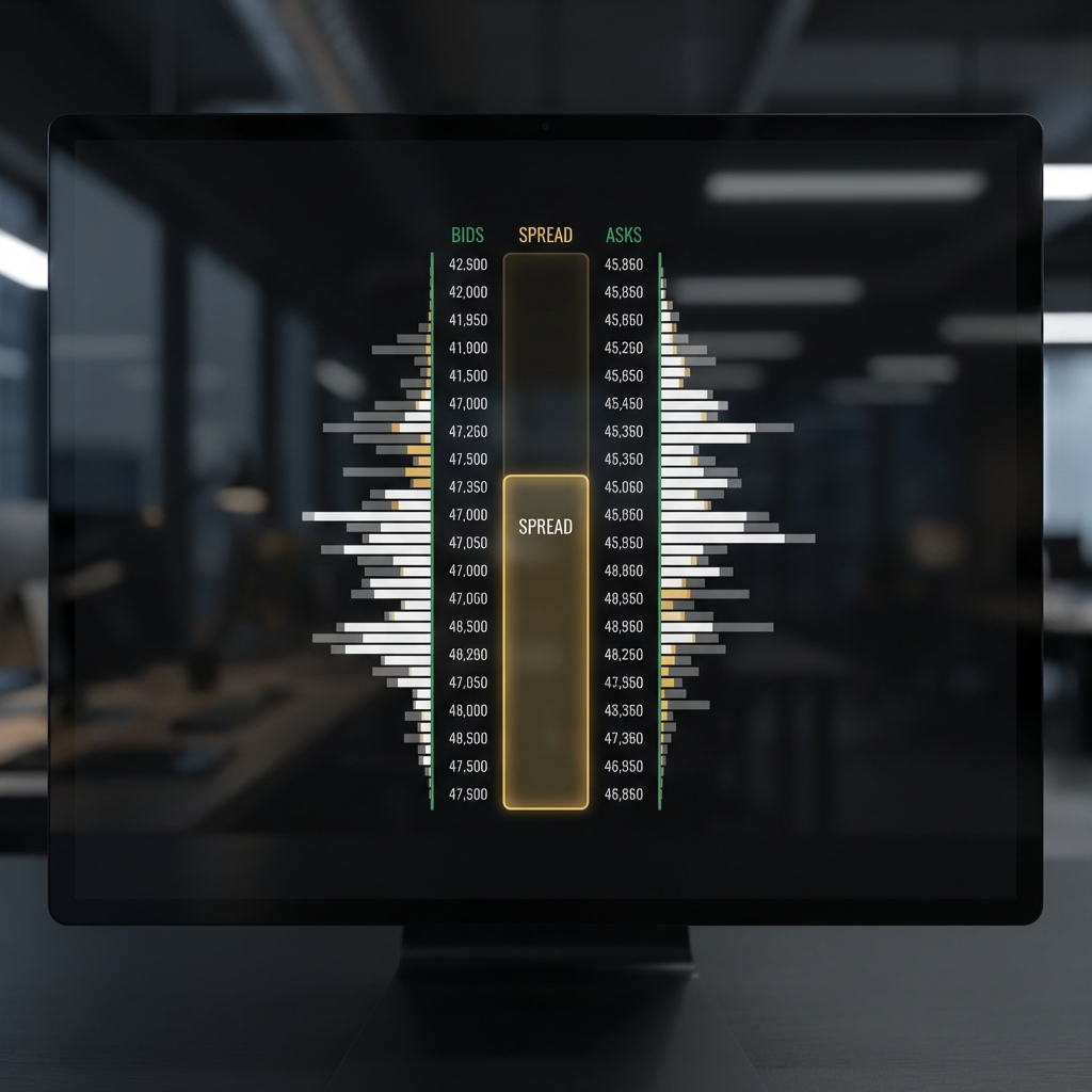 Close up of order book and bid ask spread visualization on dark minimalist trading screen illustrating liquidity and slippage concepts make $100 a day trading cryptocurrency