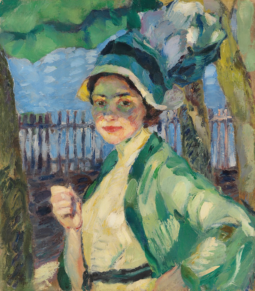 Porträt einer Dame unter grünem Schirm Frieda Blell 1911