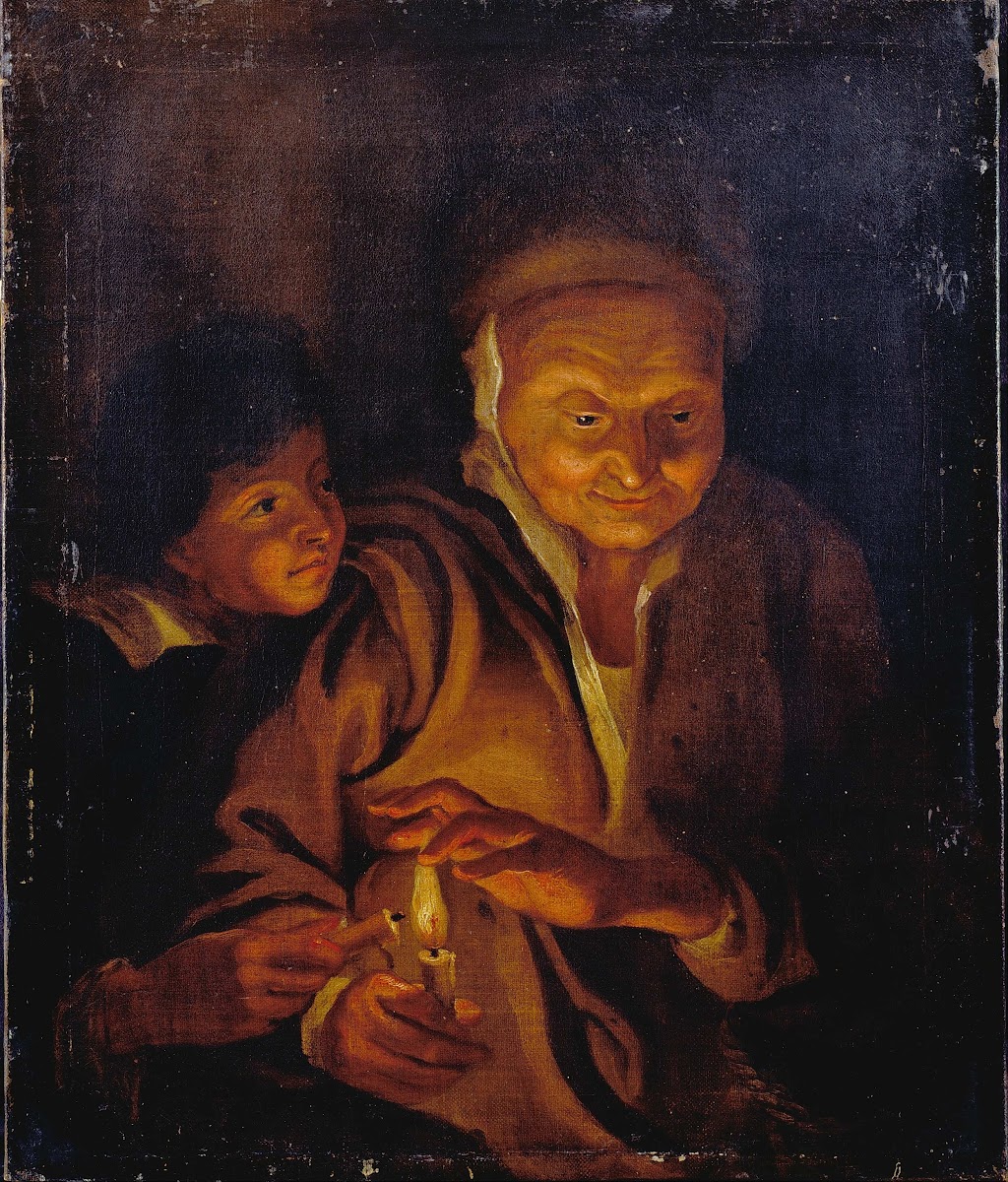 A Boy lighting a Candle from one held by an Old Woman