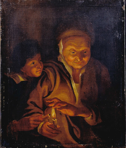 A Boy lighting a Candle from one held by an Old Woman