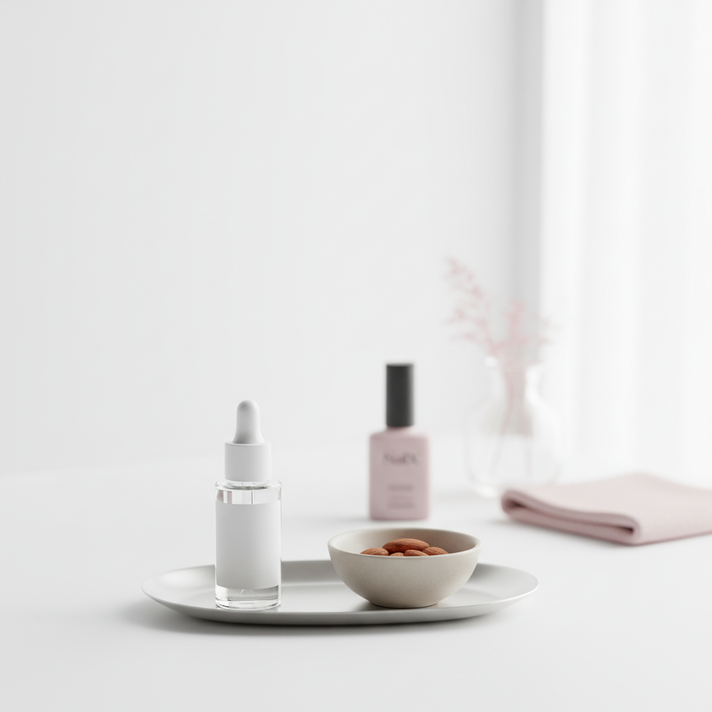 Welches Vitamin fehlt bei brüchigen Nägeln? Nahaufnahme eines minimalistischen weißen Schminktisches mit Nagelhautöl, unlabeled UV‑Gel im Hintergrund und einer Schale Mandeln, Pastellakzent #f57fb6.
