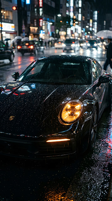 Black Luxury Sportscar in City Rain with Amber Headlights - Free mobile Wallpaper