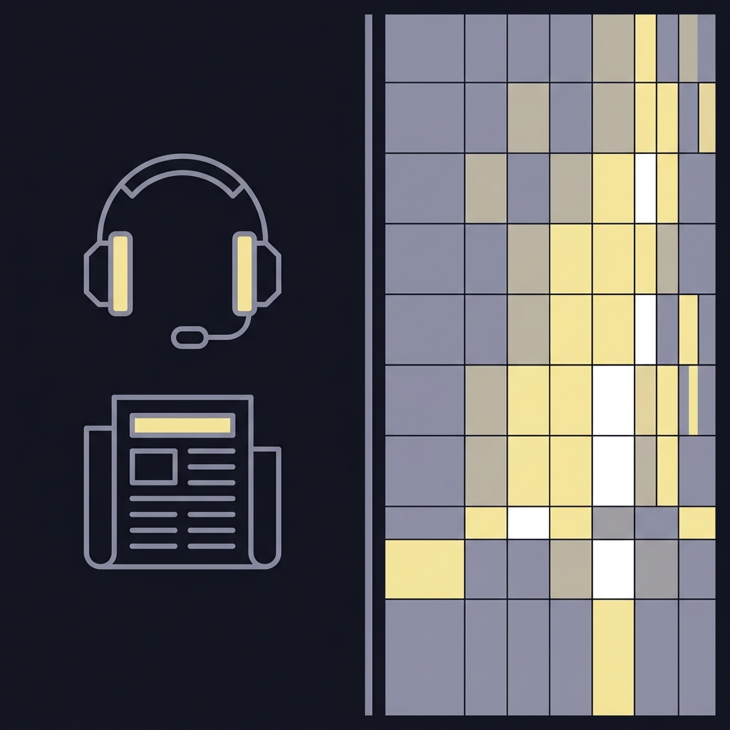 Split 2D vector image with a headset and newspaper icon representing a reporter on the left and a clean liquidity heatmap on the right illustrating How Odds Reflect New Information