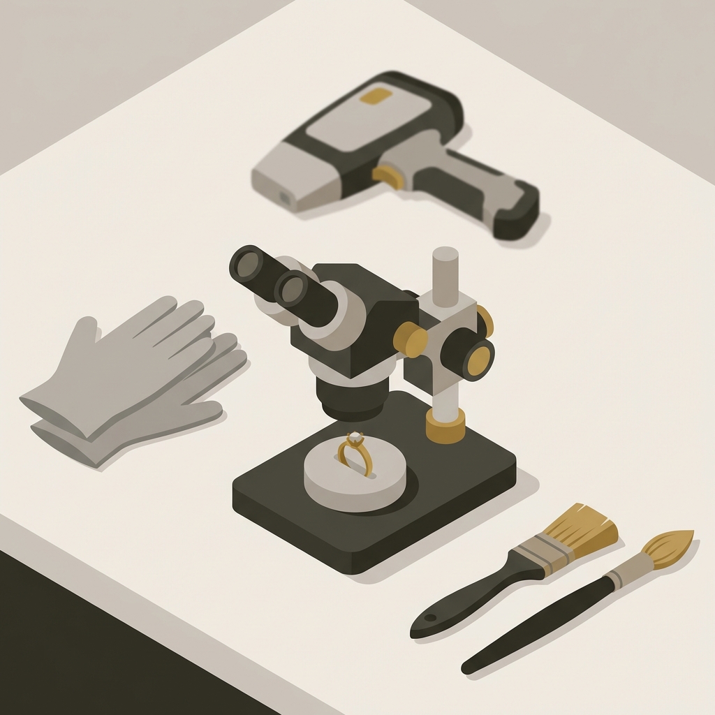 Minimalist vector of conservator workspace with gloves soft brushes a ring under a microscope and a small XRF device for ancient coin ring analysis