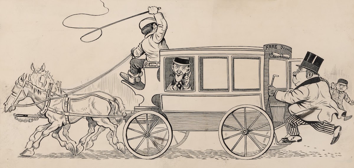 Six comic strip frames of coach driver and mischievous boy Pl3