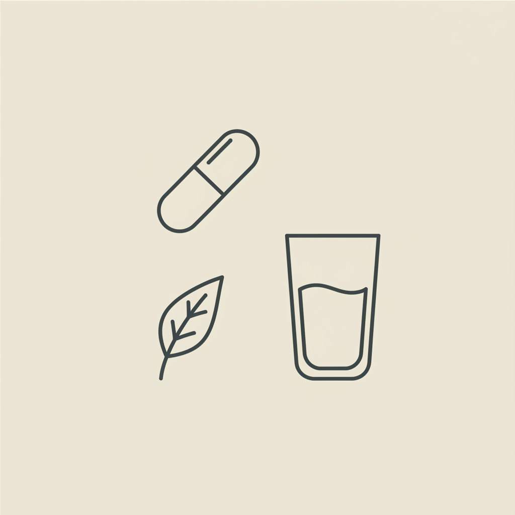 Minimal Tonum-style line illustration of a capsule, water glass, and leaf on beige background, symbolizing simple daily rituals and the best fiber for weight loss