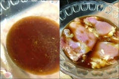 Trộn đều sốt teriyaki gồm: 6 muỗng canh nước, 3 muỗng canh nước tương, 2 muỗng canh rượu mirin, 1 muỗng canh rượu sake, 1/2 muỗng canh đường, hành tím băm và gừng băm. Thjt gà rửa sạch, xăm đều lên thịt gà rồi cho vào tô nước sốt teriyaki ướp khoảng 2 tiếng.