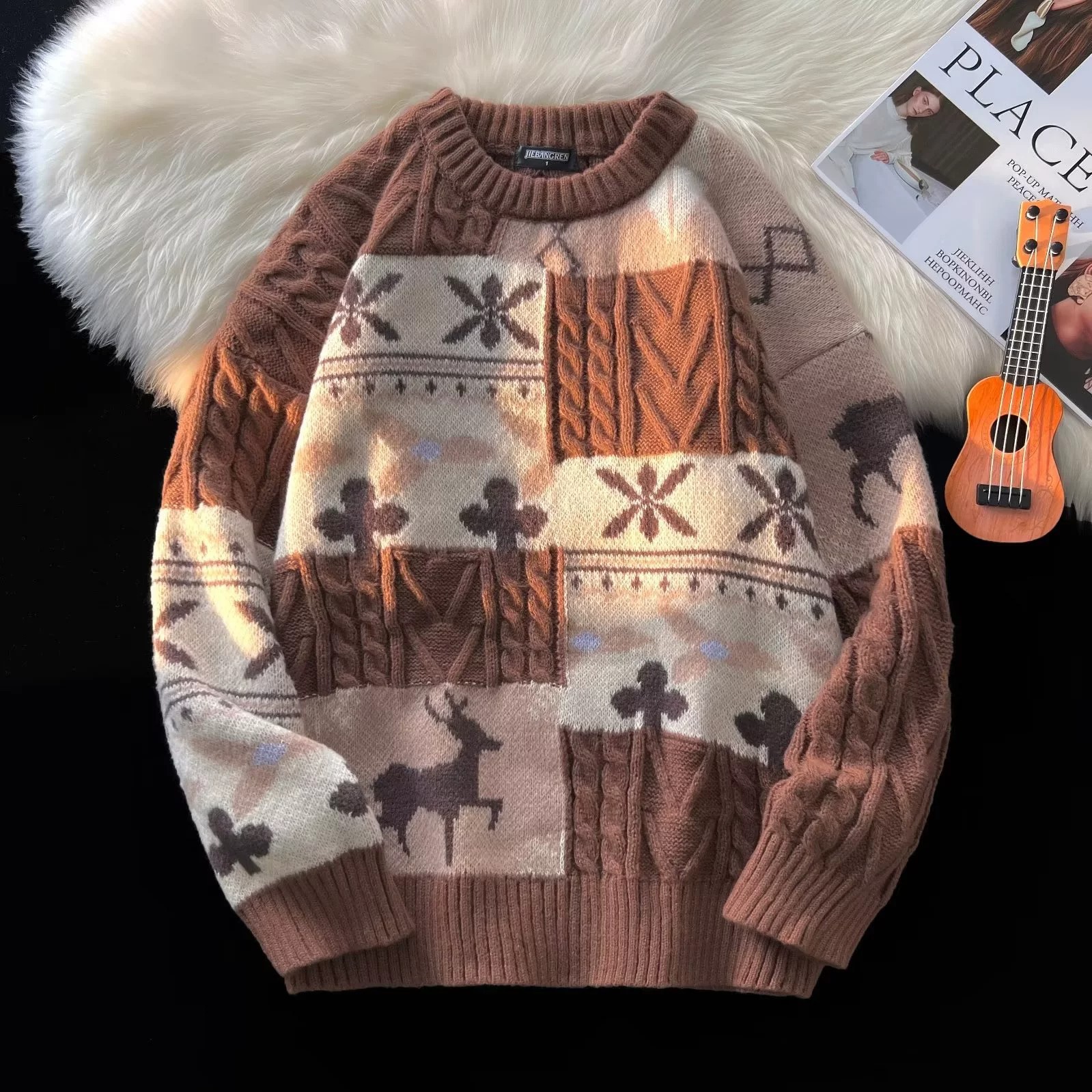 Retro cable-knit sweater for couples, festive cable pattern