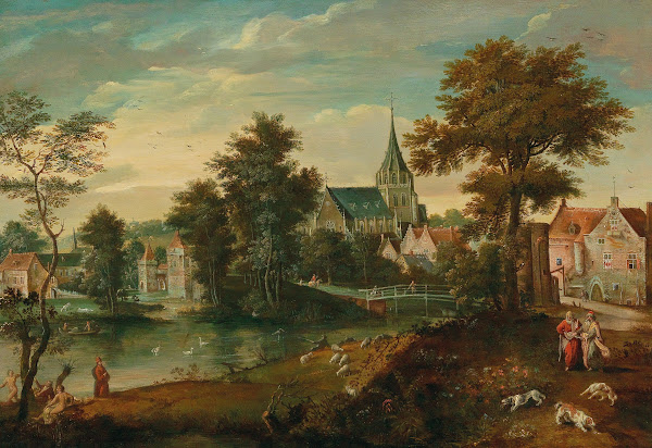 A river landscape with two patriarchs near a town