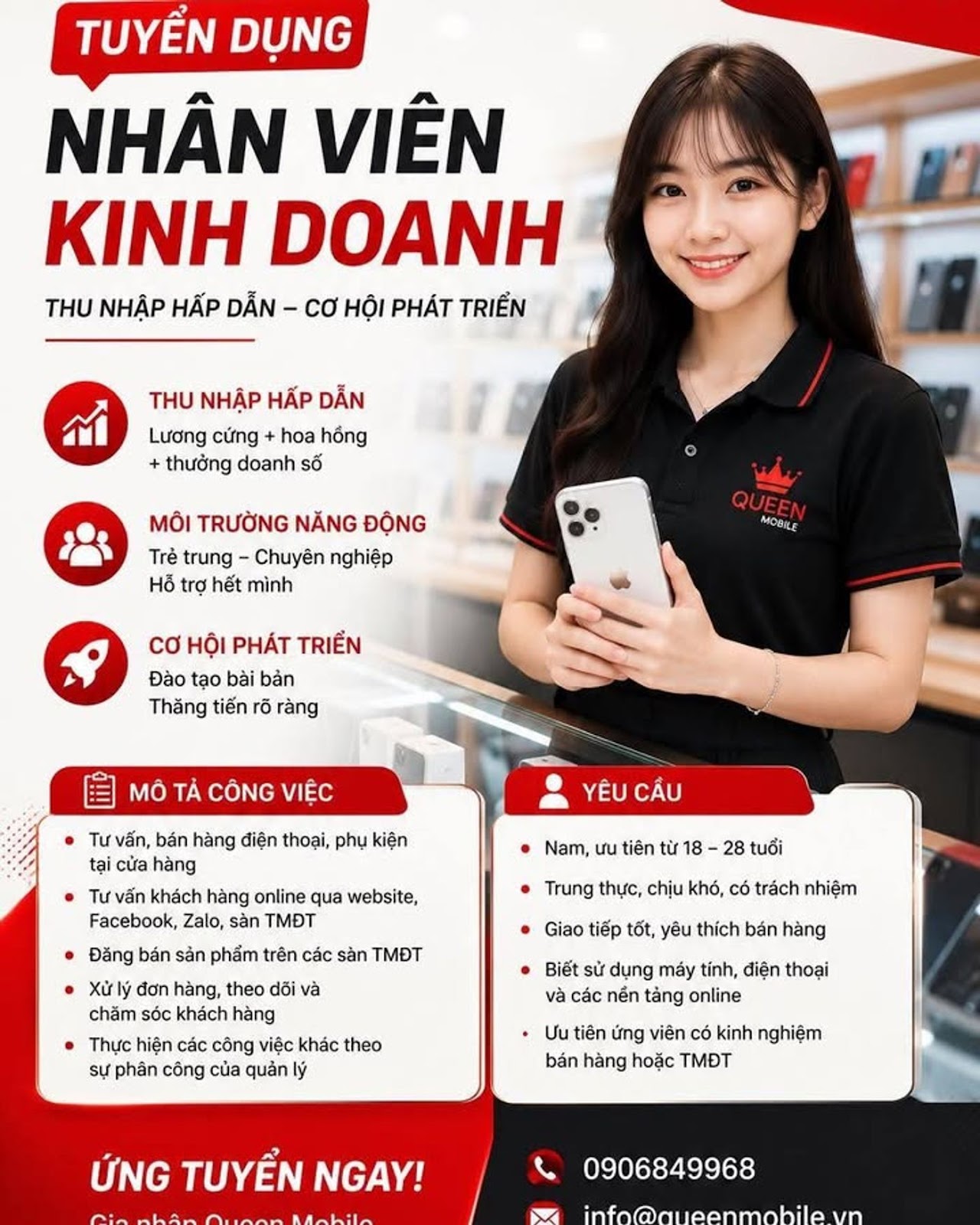 TUYỂN DỤNG NHÂN VIÊN KINH DOANH – QUEEN MOBILE

 Địa điểm làm việc
211 Đường 3/2...