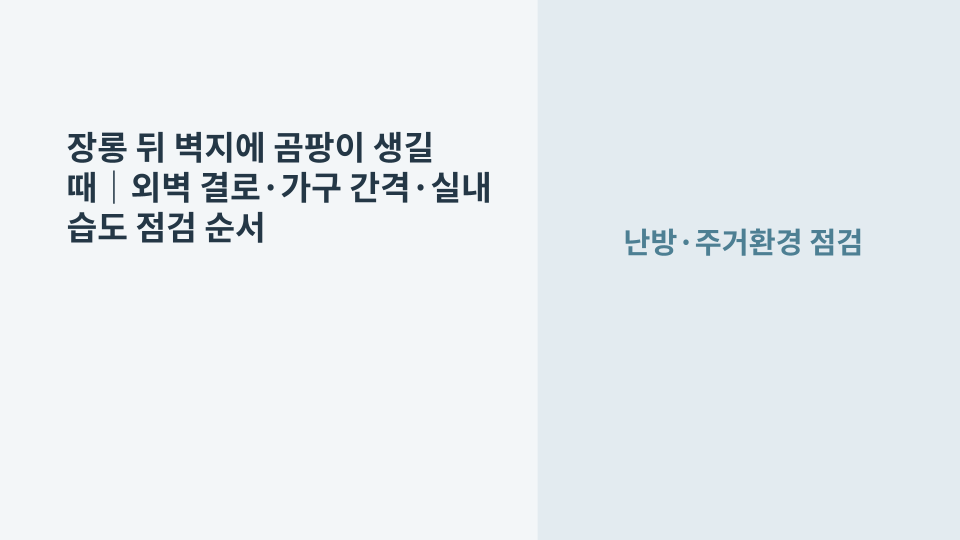 장롱 뒤 외벽 벽지에 생긴 곰팡이와 가구 간격을 점검하는 장면