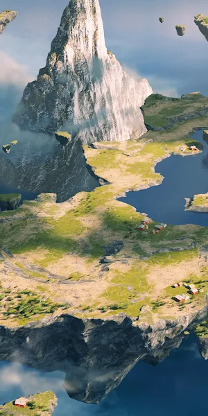 Fantasy Landscape, Floating Islands, Surreal, 3D Rendering 2K Wallpaper Background