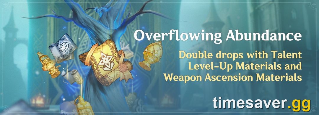 Official Genshin Impact Overflowing Abundance event banner for double drops with Talent Level-Up Materials and Weapon Ascension Materials