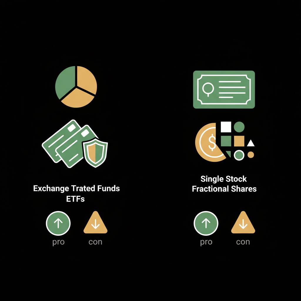 Minimalist 2D vector infographic comparing ETFs and single stock fractional shares with simple pros and cons how to invest in stocks for beginners with little money
