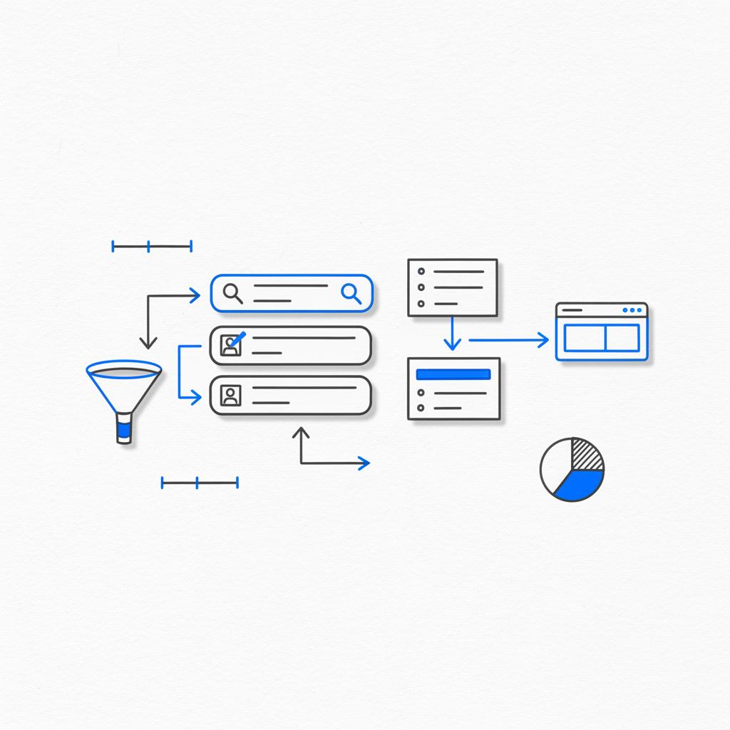 Notebook-style sketch showing a search-results mock, a content outline, and arrows to a website icon on white paper with Agency Visible accents &mdash; types of digital marketing