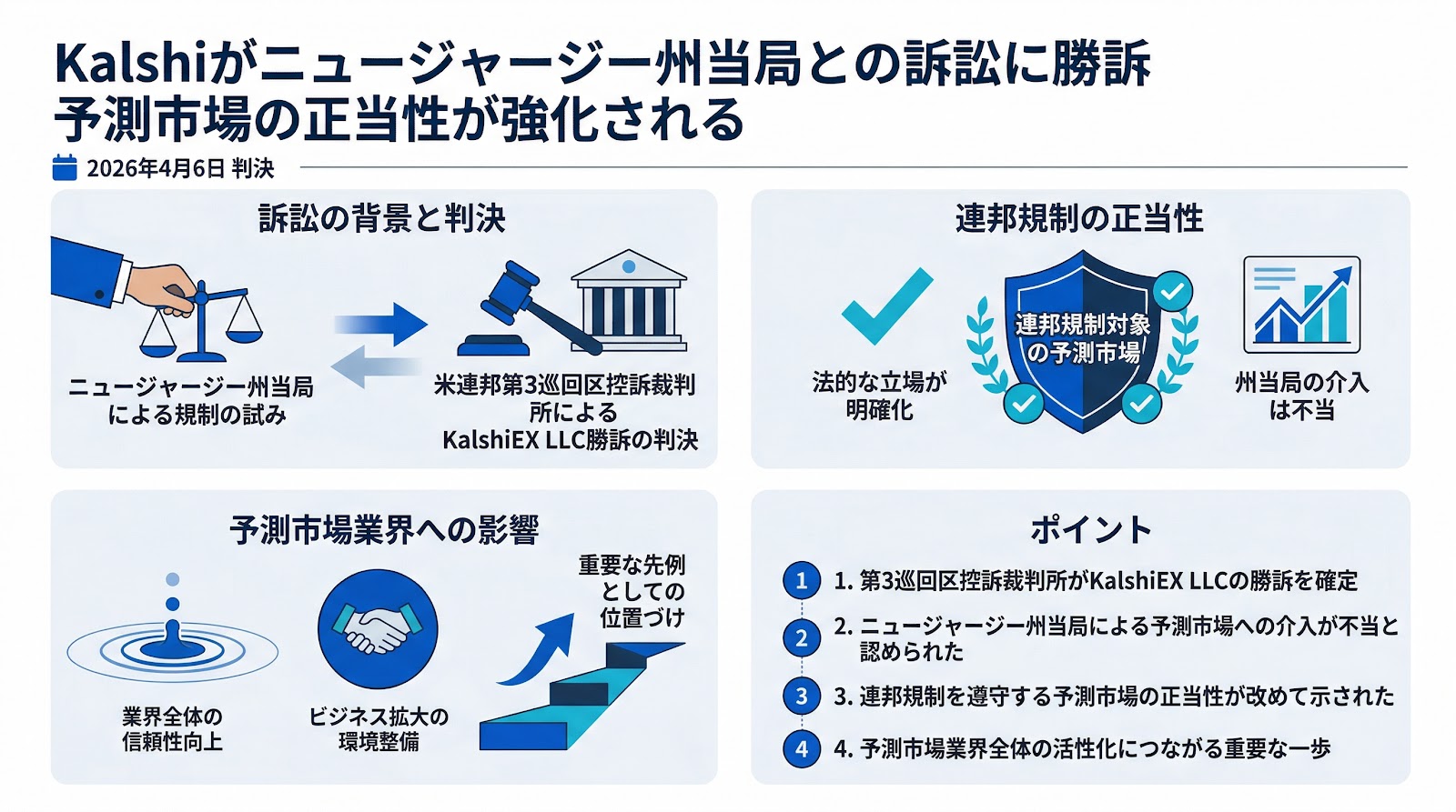 Kalshiがニュージャージー州当局との訴訟に勝訴 予測市場の正当性が強化される