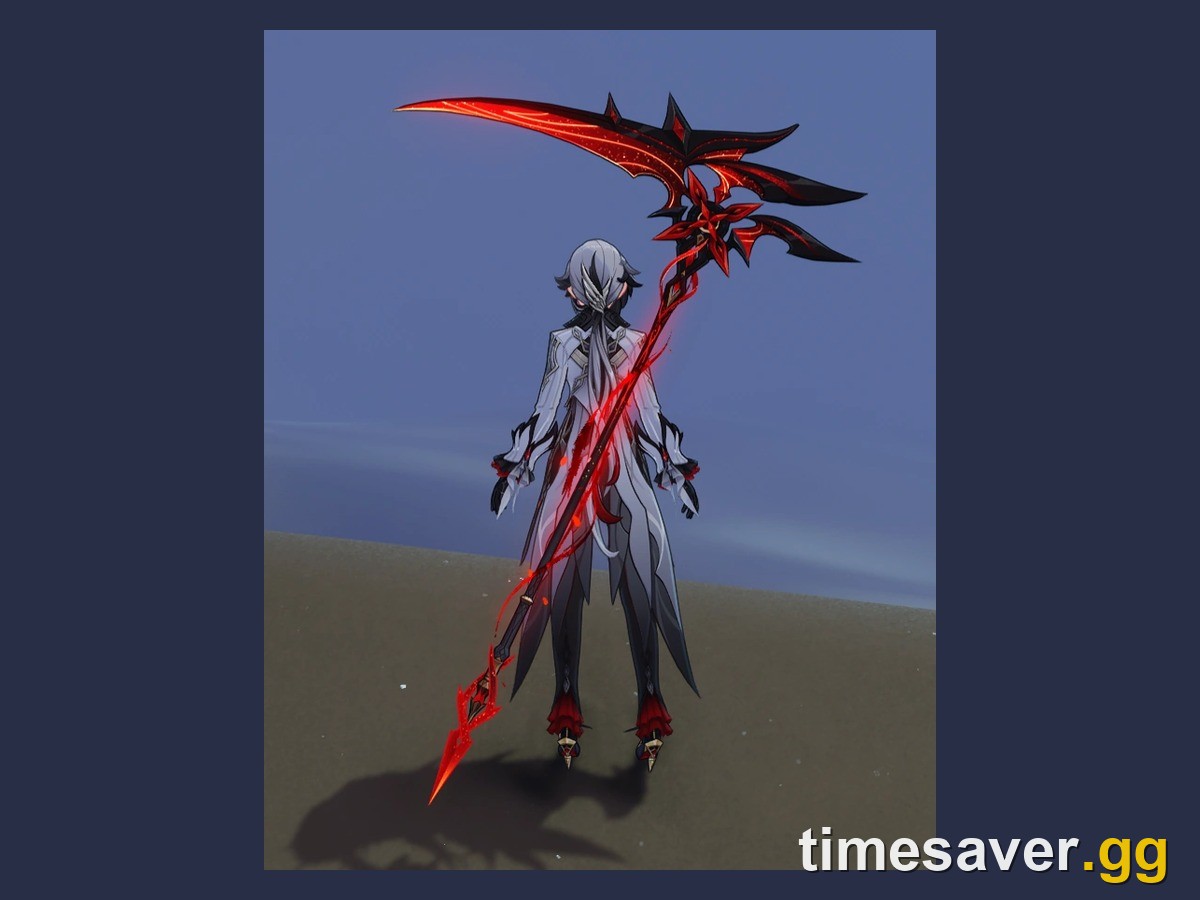 Arlecchino holding Crimson Moon's Semblance in its scythe form during the Masque of the Red Death state