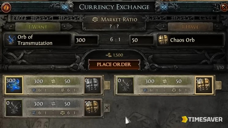 PoE2 Currency Exchange interface showing the I Want / I Have market-ratio order book used to convert orbs into Divine