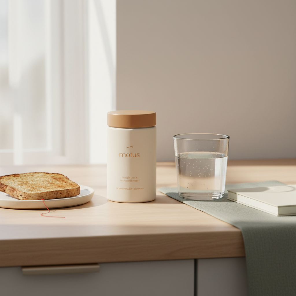Minimalist morning kitchen counter with Tonum Motus supplement bottle beside a glass of water, notebook and whole-grain toast, suggesting a weight-loss routine with chromium picolinate.