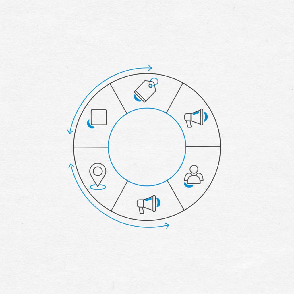 Minimalist 2D vector circular diagram illustrating the 5 ps of marketing: product, price, place, promotion, people connected by arrows with small icons and blue accents on white.