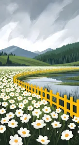 Overcast Daisy Meadow with Yellow Fence and Pine Forest