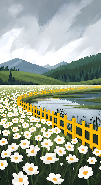 Overcast Daisy Meadow with Yellow Fence and Pine Forest - Free mobile Wallpaper