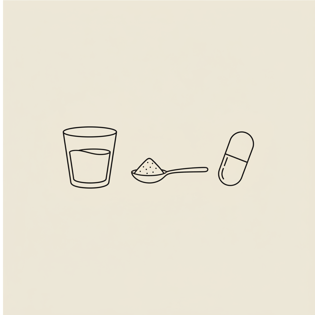 Minimal Tonum-style line illustration of a glass of water, a spoon with powder and a capsule on beige background for psyllium for weight loss