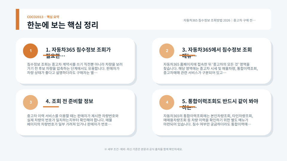 중고차 침수이력과 통합이력, 성능상태점검기록부를 함께 확인하는 절차를 표현한 이미지