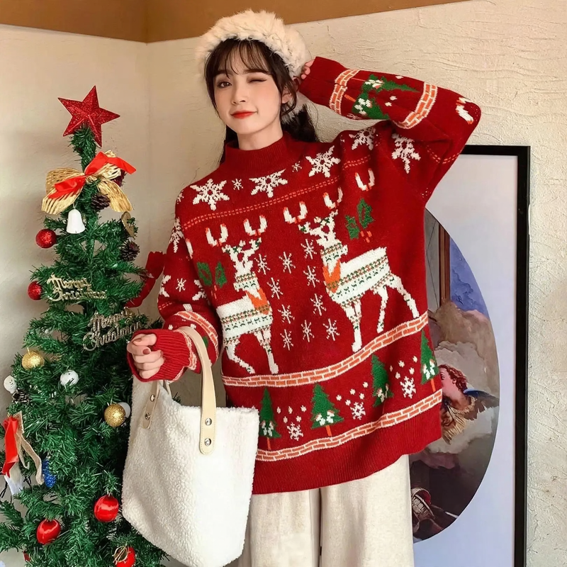 Women's knitted sweater with reindeer embroidery