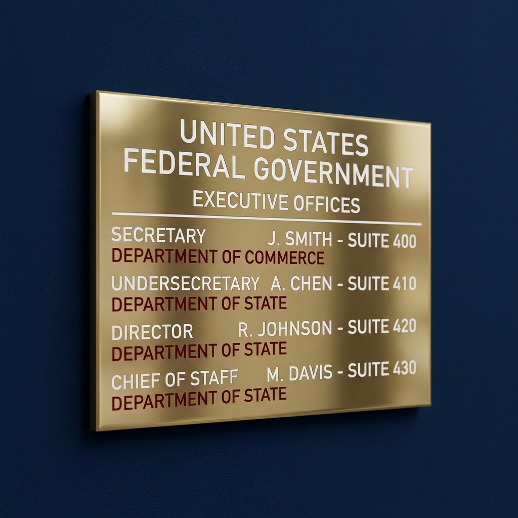 Close up brass office plaque showing senior titles like Secretary Director Chief of Staff suggesting united states federal government jobs on deep navy background minimalist corporate style