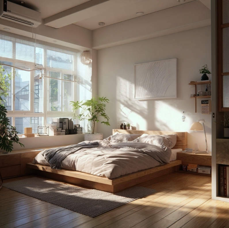 차분하고 정돈된 침실 공간