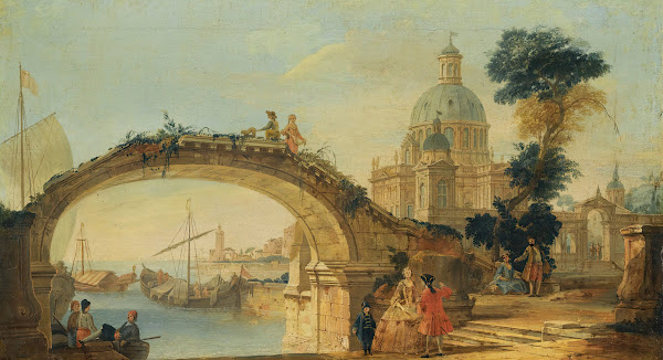 A Capriccio View With A Footbridge Over A River A Large Cathedral In The Backgro