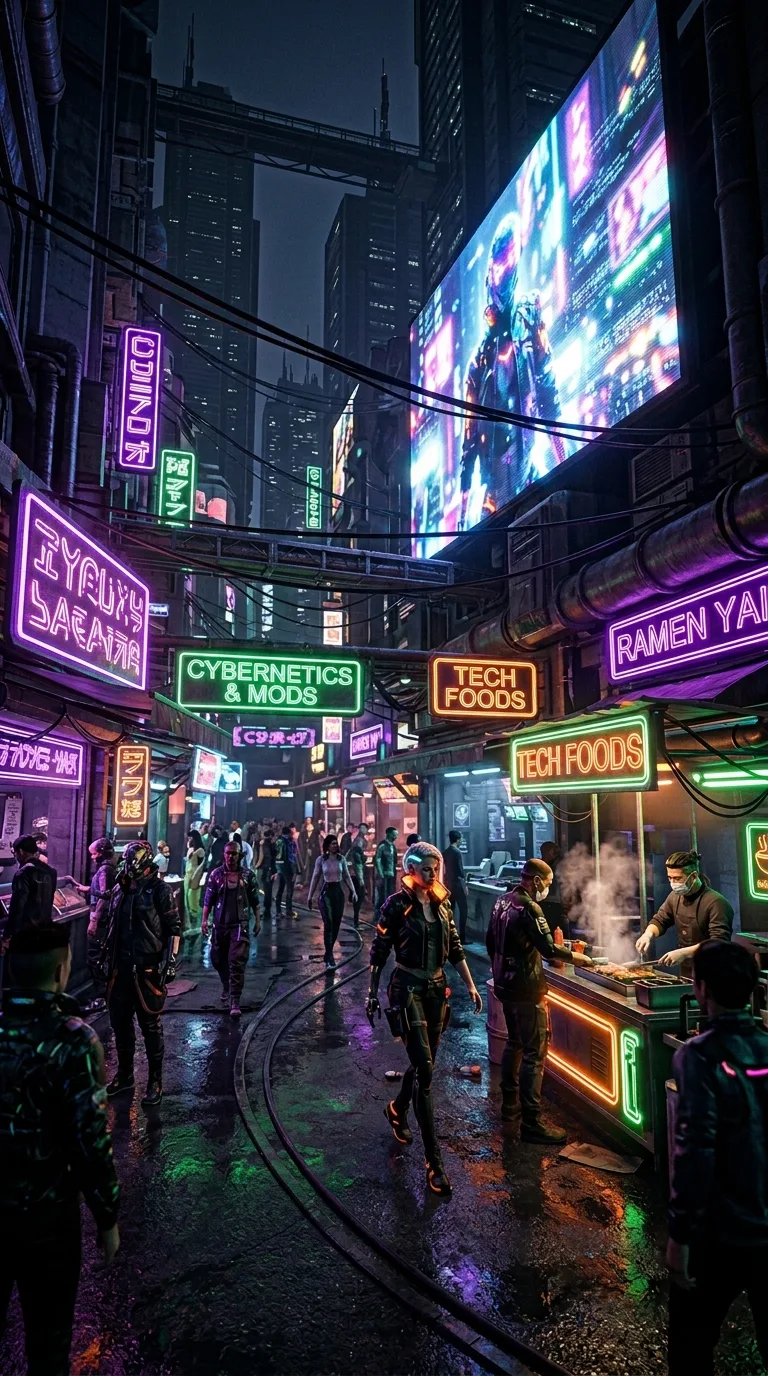 Lively Futuristic Night Market with Neon Signs and Diverse Characters - Free 4K mobile Wallpaper