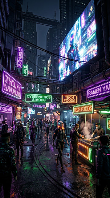 Lively Futuristic Night Market with Neon Signs and Diverse Characters - Free mobile Wallpaper