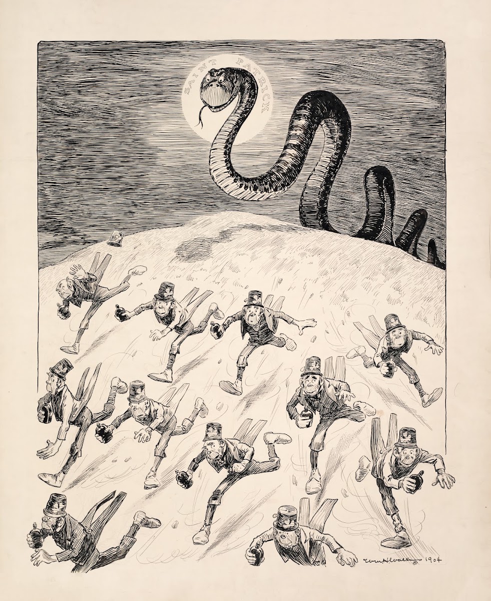 A crowd of leprechauns each holding a bottle of alcohol run from a large snake r