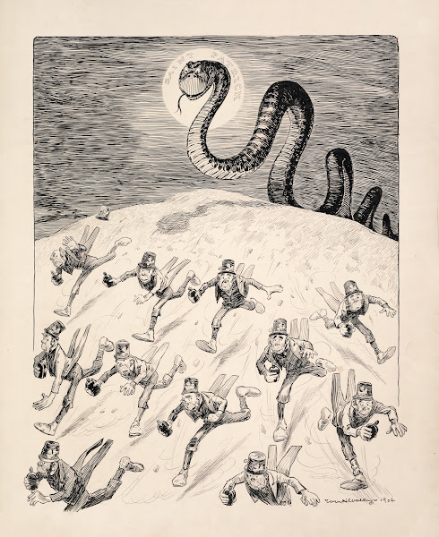 A crowd of leprechauns each holding a bottle of alcohol run from a large snake r
