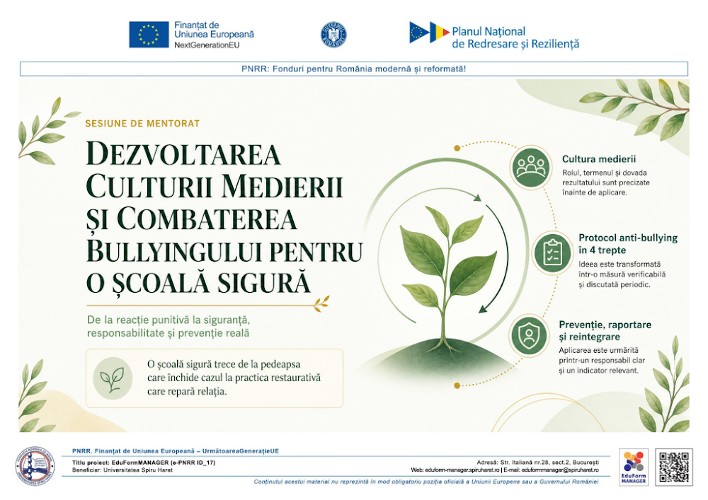 Coperta ghidului DEZVOLTAREA CULTURII MEDIERII ȘI COMBATEREA BULLYINGULUI PENTRU O ȘCOALĂ SIGURĂ