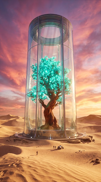 Surreal Giant Desert Cylinder Enclosing a Luminescent Tree - Free mobile Wallpaper